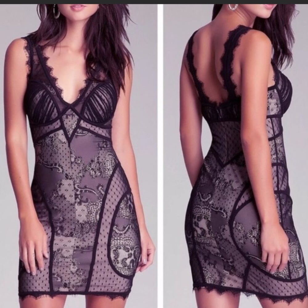 Bebe Black Beige Iconic Lace V-Neck Dress